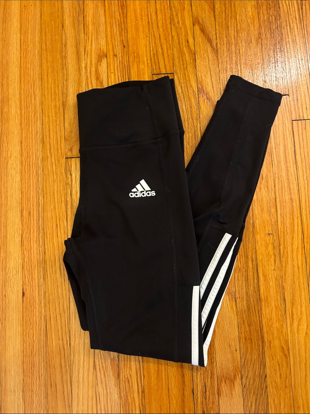 adidas Black Leggings with White Logo and Side Stripes